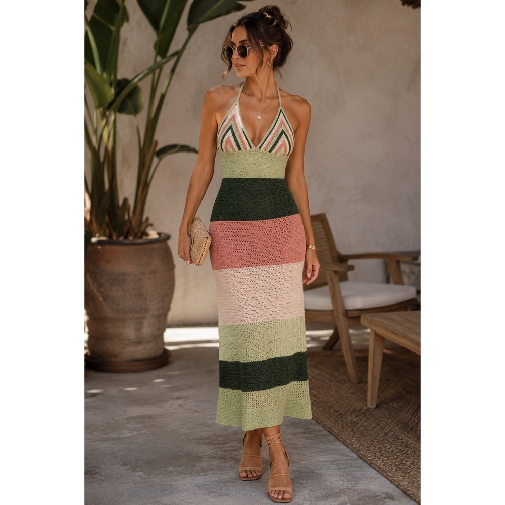 SHEIN Crochet Halter Maxi Dress 4 S‎ Green Pink Long Backless Coquette Festival